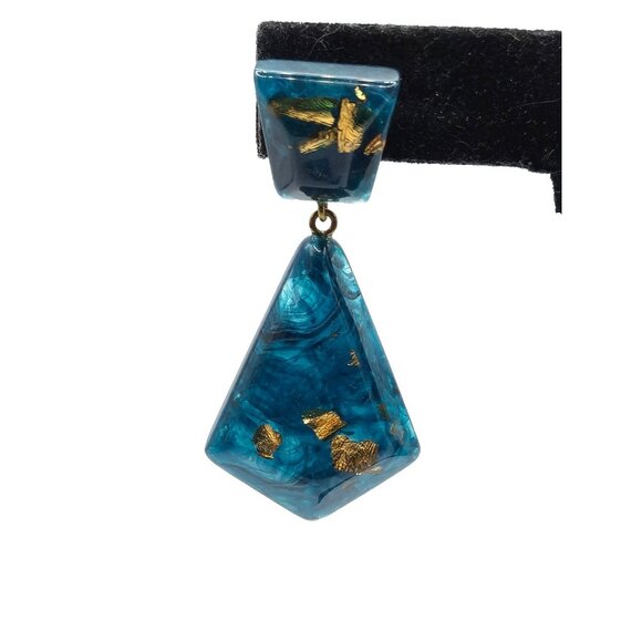 Zsiska Blue Resin Dangle Earrings Gold Leaf Marbled Modernist Statement Signed - Picture 3 of 6